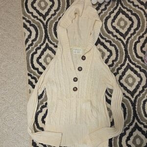Aeropostale Cream Hooded Cable Knit Pullover with Button Placket